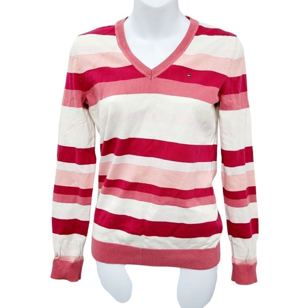 2/$20 Tommy Hilfiger White & Pink V Neck Sweater Top Blouse Size: Small